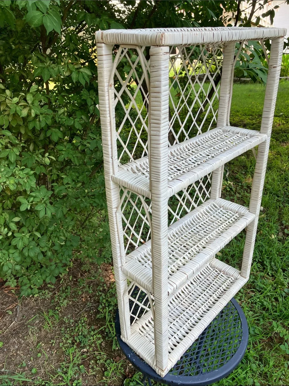Large Vintage Shabby Chic White Wicker Three-Tier Wall Shelf or Tabletop